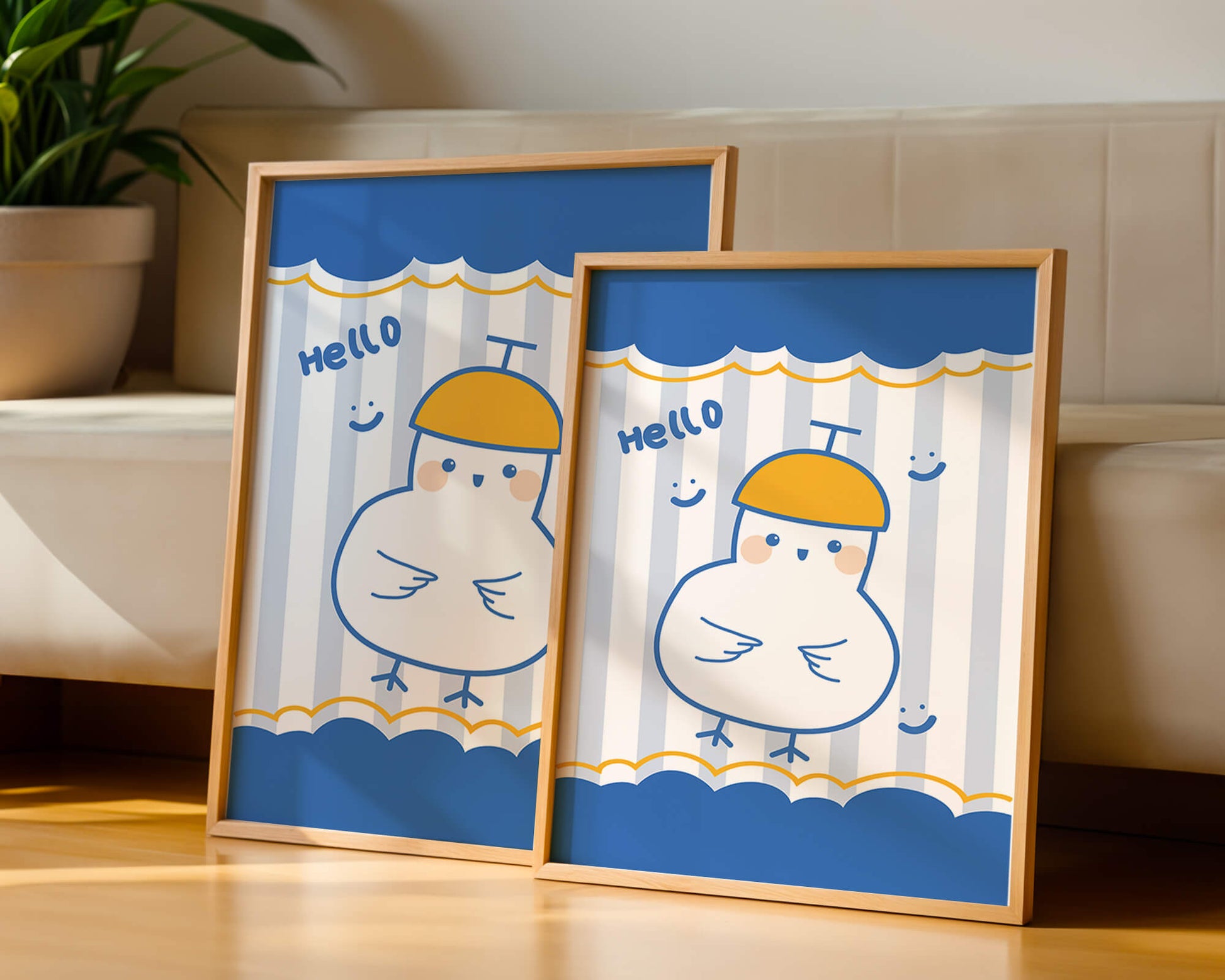 Cartoon bird illustration with cheerful design elements