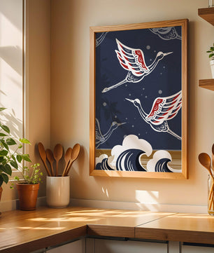 Illustrative cranes flying over ocean waves with dark background