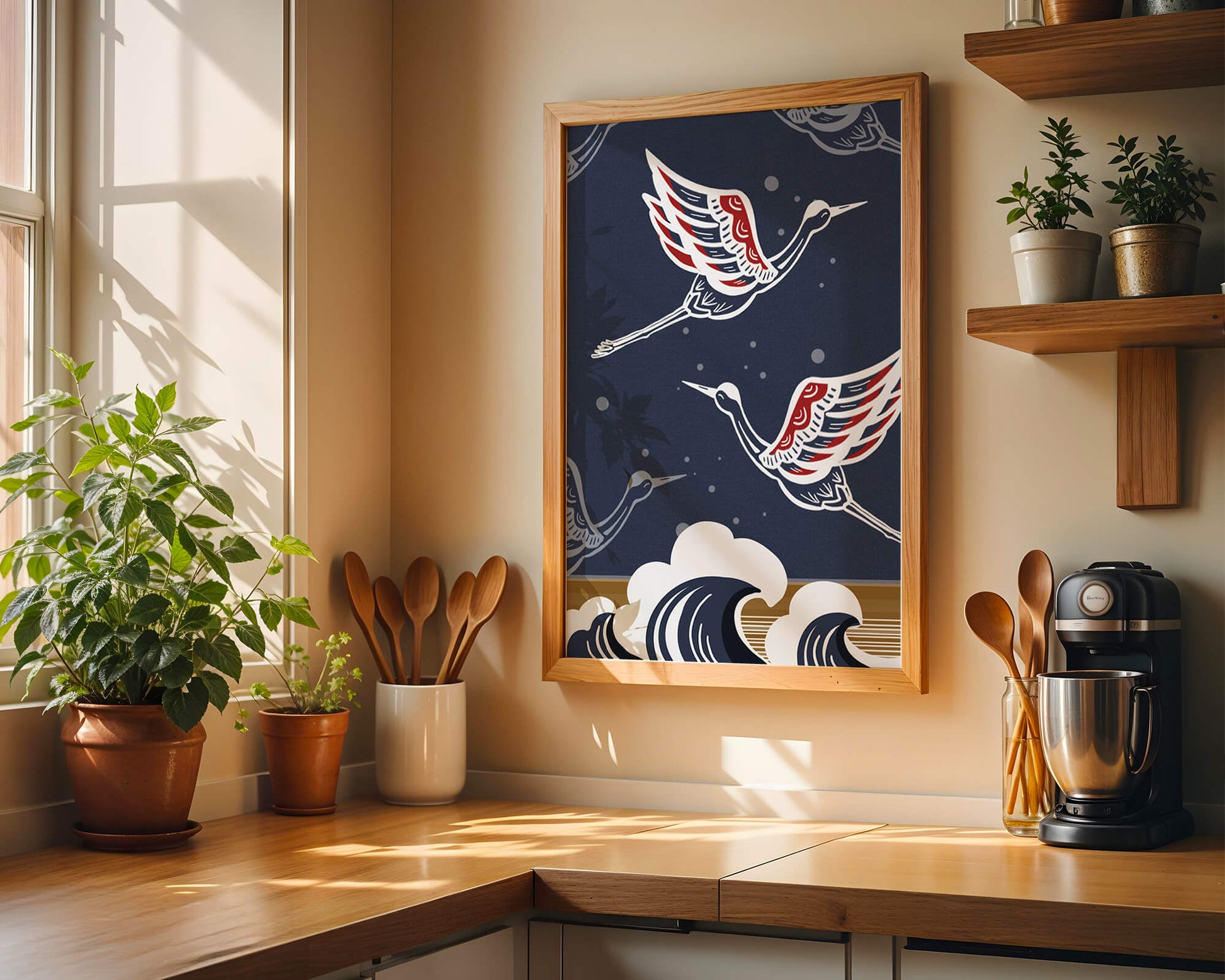 Illustrative cranes flying over ocean waves with dark background