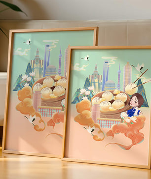 Illustration de la ligne d’horizon de Shanghai avec des raviolis et des éléments asiatiques
