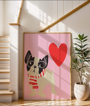 Ilustración juguetona de un bulldog francés con gafas y bufanda sobre fondo rosa con corazón