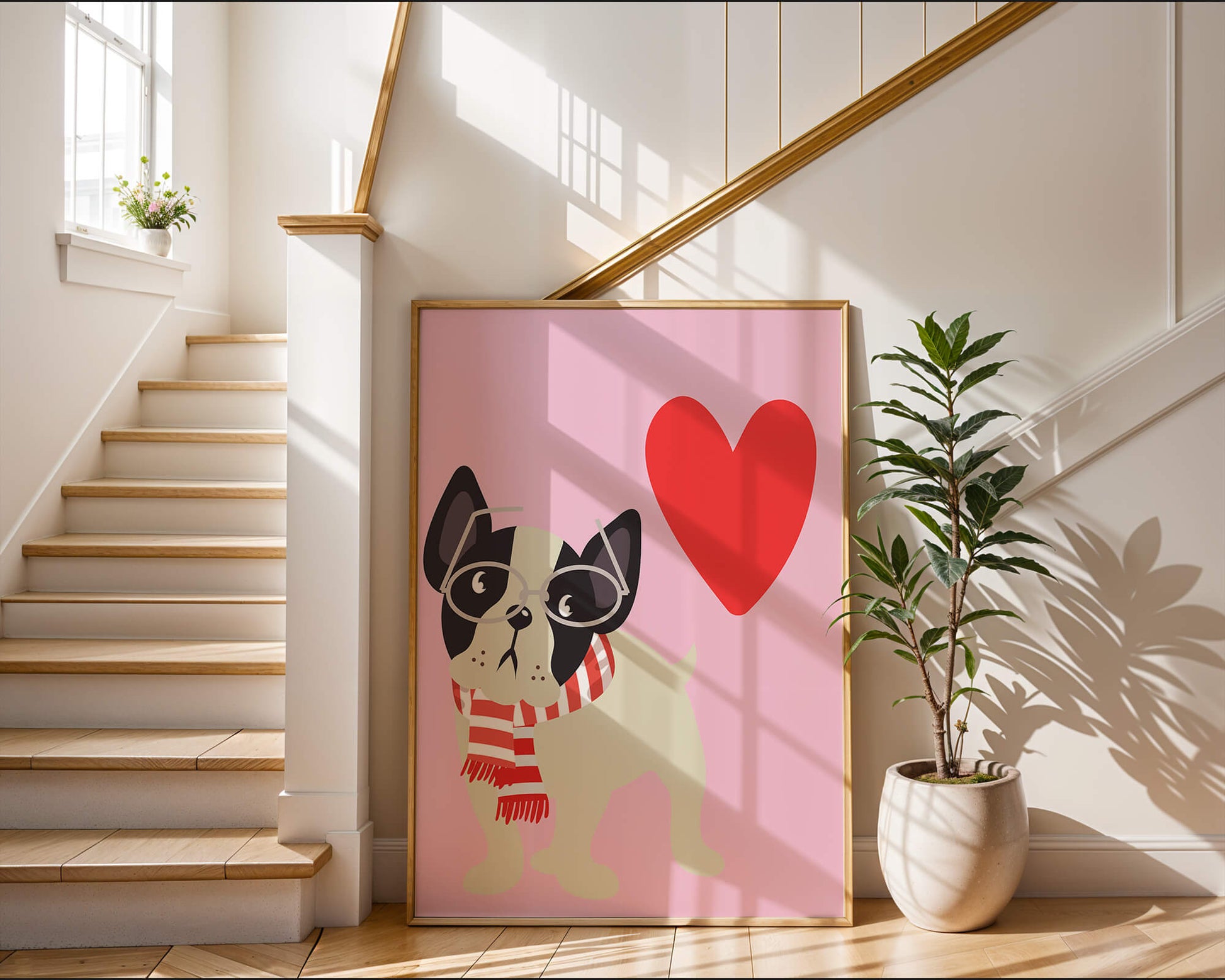 Ilustración lúdica de un bulldog francés con gafas y bufanda sobre fondo rosa con corazón