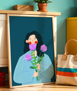 Illustration of a woman with purple flowers on a teal background
