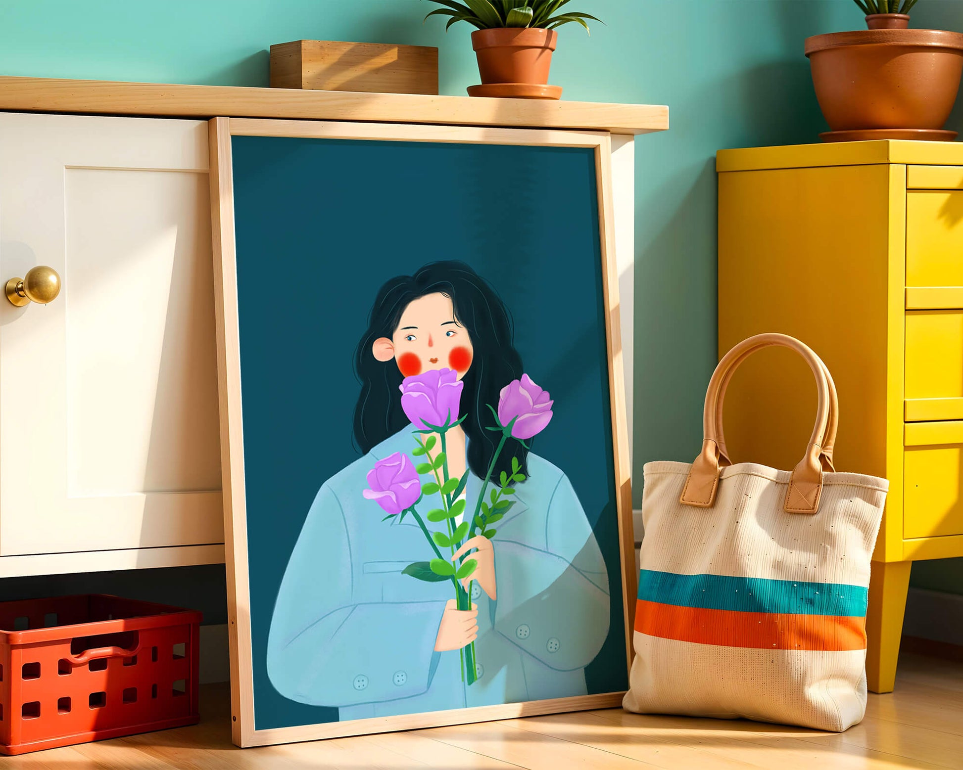 Illustration of a woman with purple flowers on a teal background
