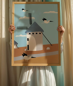 Windmill Landscape with Birds in a Minimalist Style