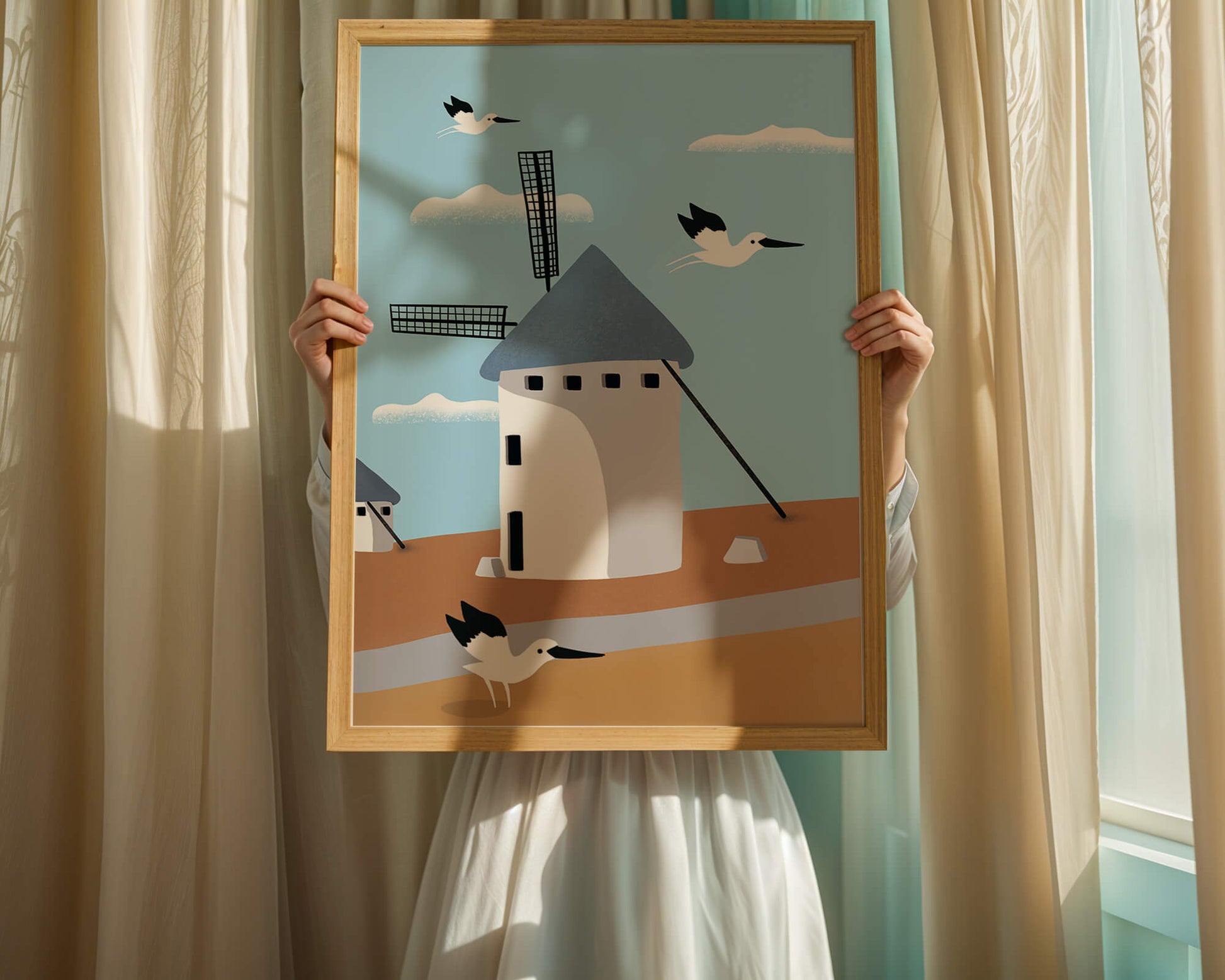 Paisaje de molino de viento con pájaros en estilo minimalista