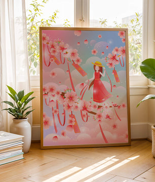 Scène printanière sereine avec des cerisiers en fleurs et une fille portant un chapeau
