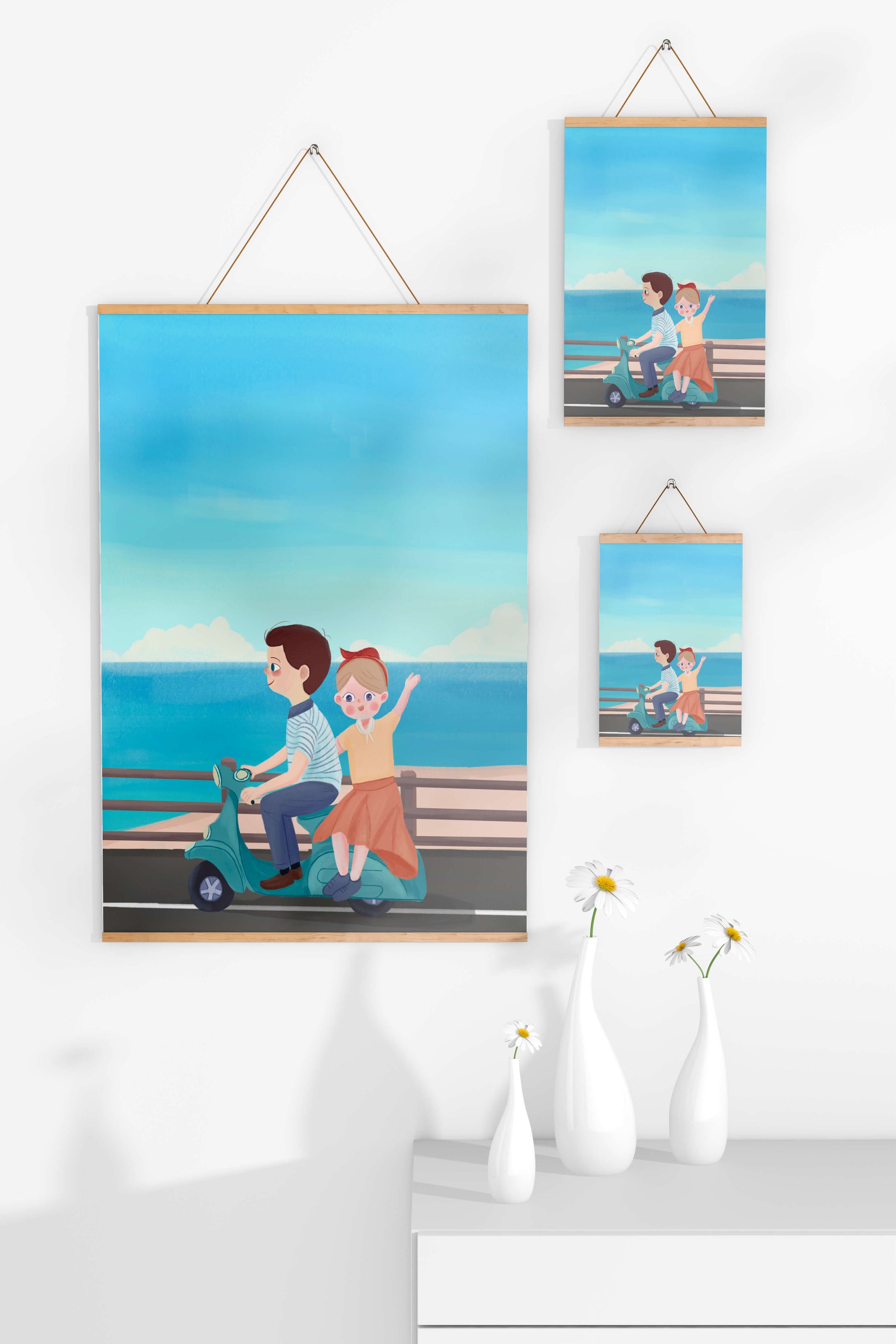Young couple enjoying a scenic scooter ride by the seaside