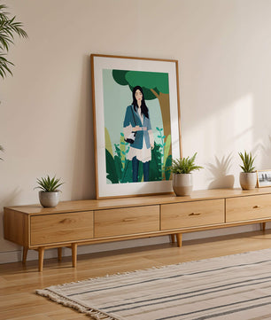 Illustrative portrait of a woman in a stylish outfit with nature backdrop