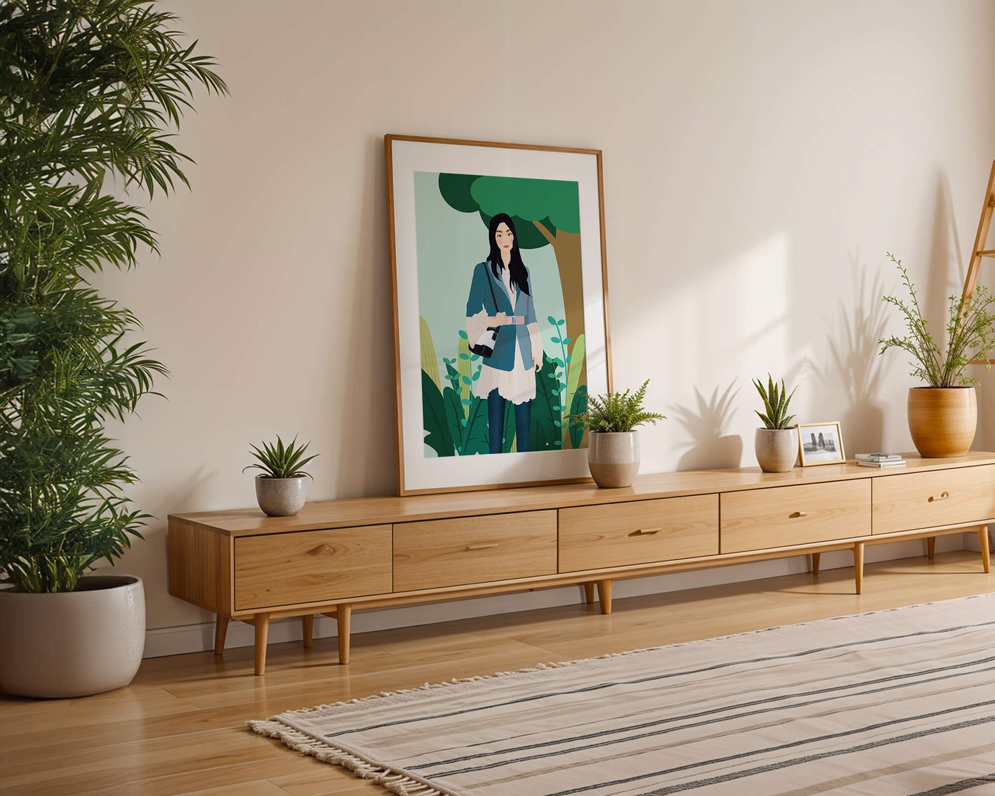Illustrative portrait of a woman in a stylish outfit with nature backdrop