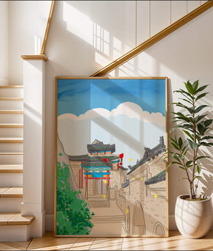 Arquitectura china tradicional con toques vibrantes y fondo escénico