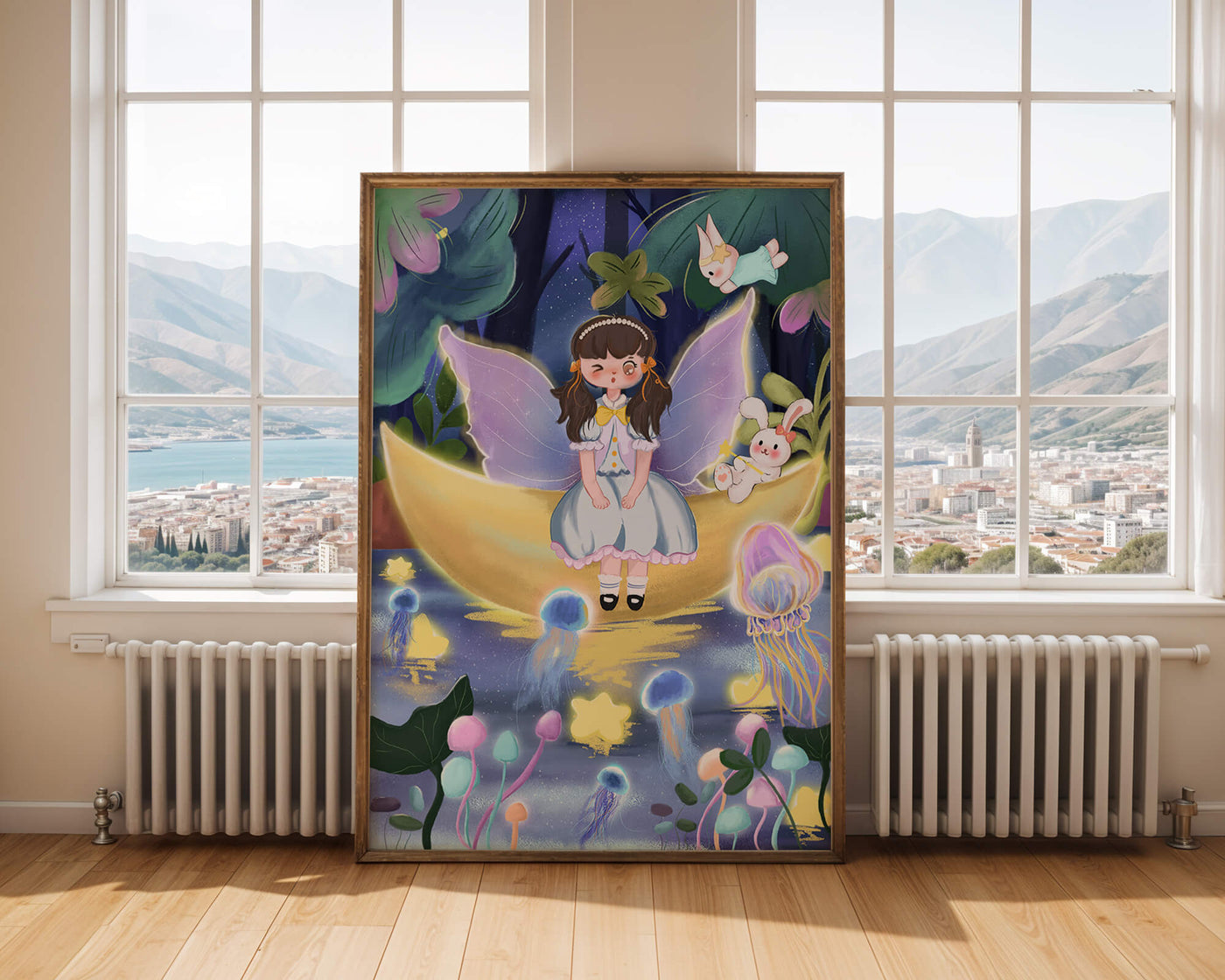 Enchanting fairy scene with glowing jellyfish and moon backdrop