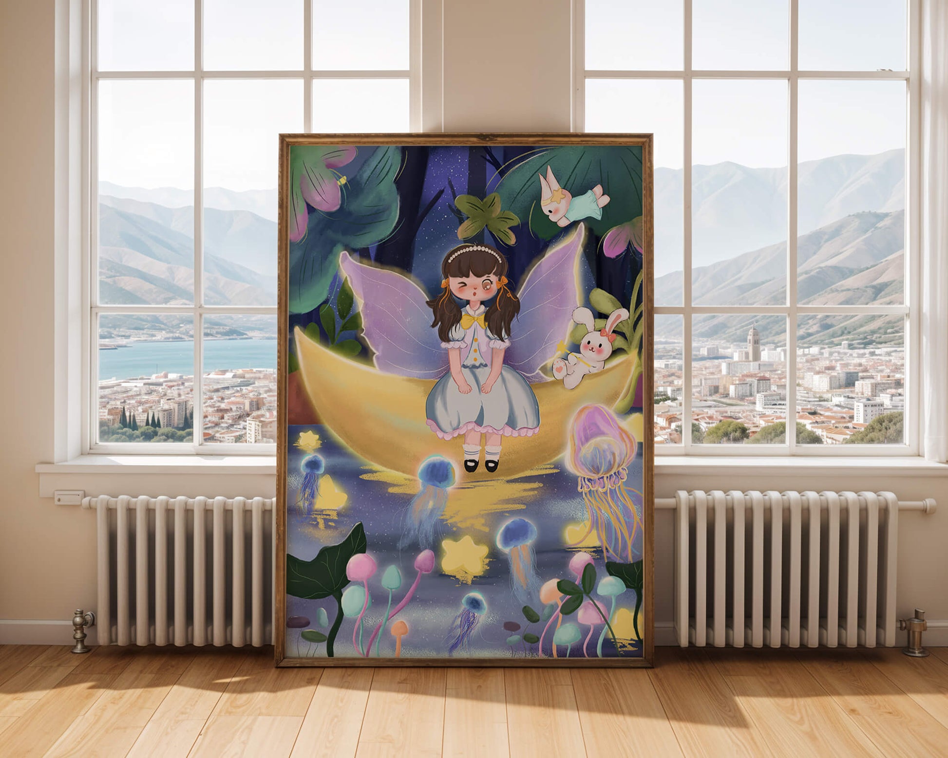 Enchanting fairy scene with glowing jellyfish and moon backdrop
