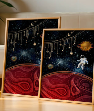 Escena espacial surrealista con astronauta y elementos celestiales