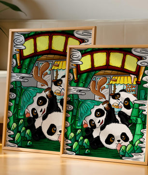 Ilustración de pandas encantadores disfrutando de helado bajo un puente de bambú