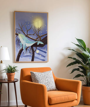 Whale resting on tree branches under starry night sky