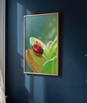 Ladybug on Leaf with Dew Drops in Serene Nature Setting - Mi tienda
