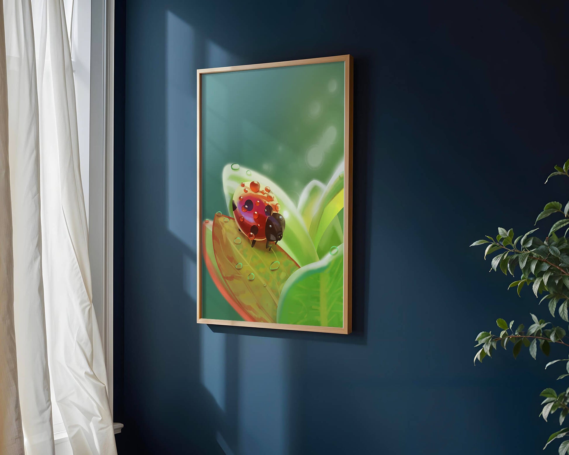 Ladybug on Leaf with Dew Drops in Serene Nature Setting