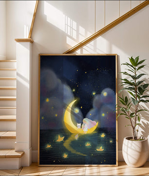 Whimsical night scene with child and cat on crescent moon