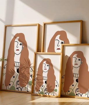 Minimalist Portrait of a Woman with Long Hair and Abstract Design Elements - Mi tienda
