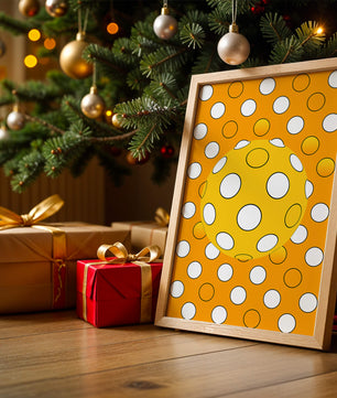 Colorful geometric pattern with white polka dots on orange background