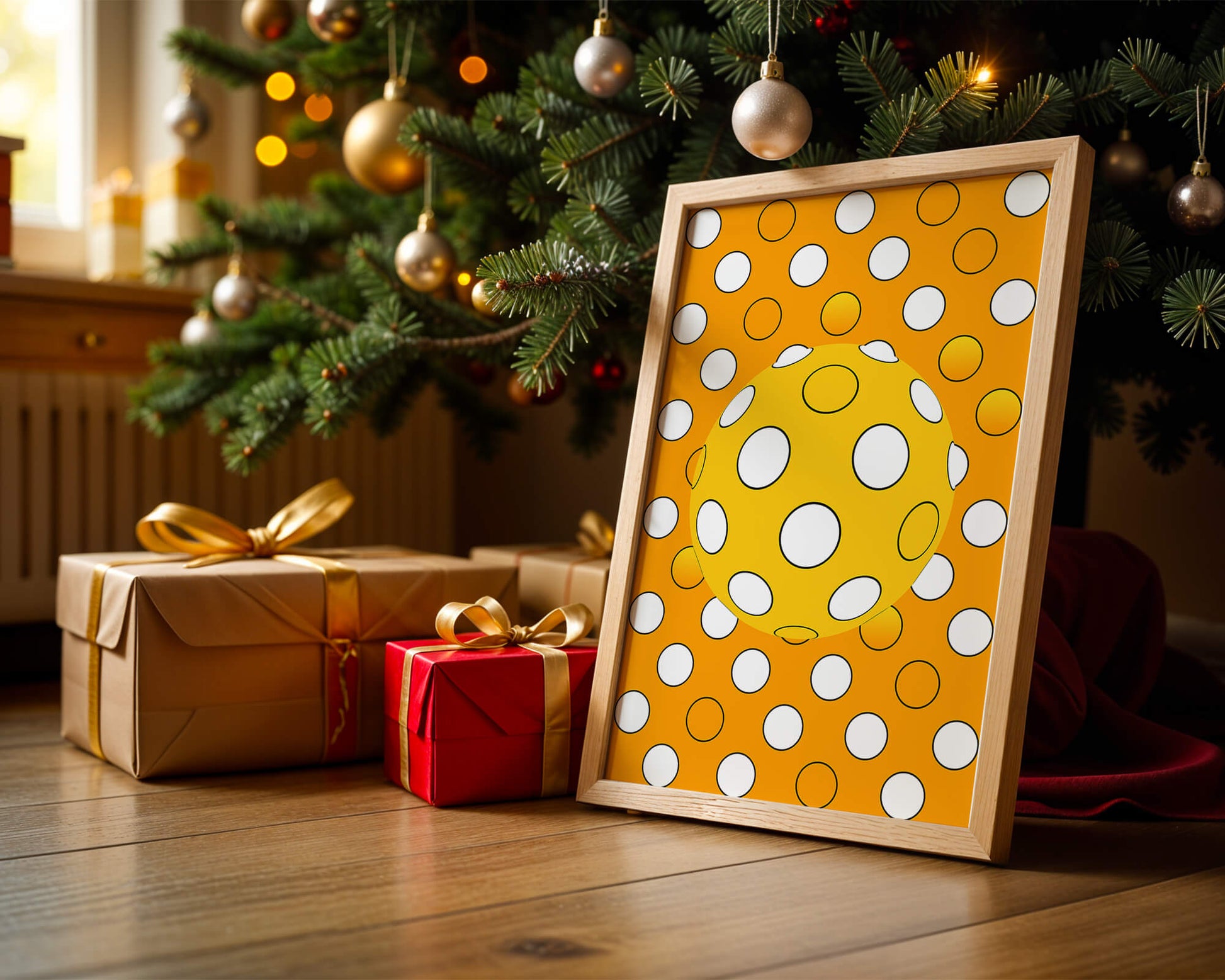 Colorful geometric pattern with white polka dots on orange background