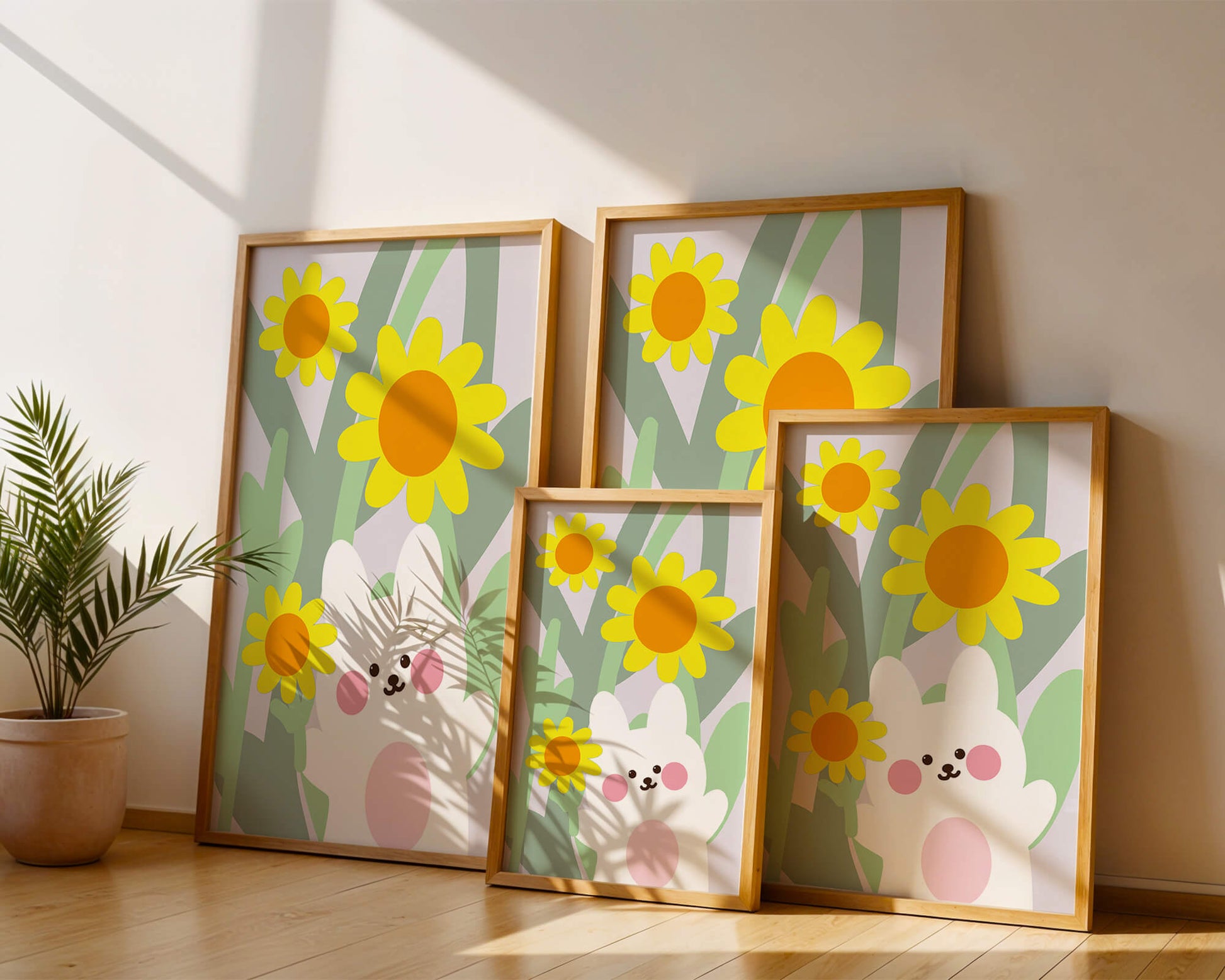 Adorable bunny with vibrant flowers cartoon illustration