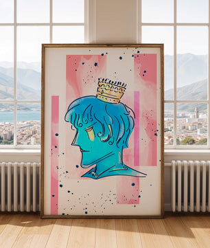 Illustration artistique d’un personnage au visage bleu avec une couronne dorée sur un fond abstrait