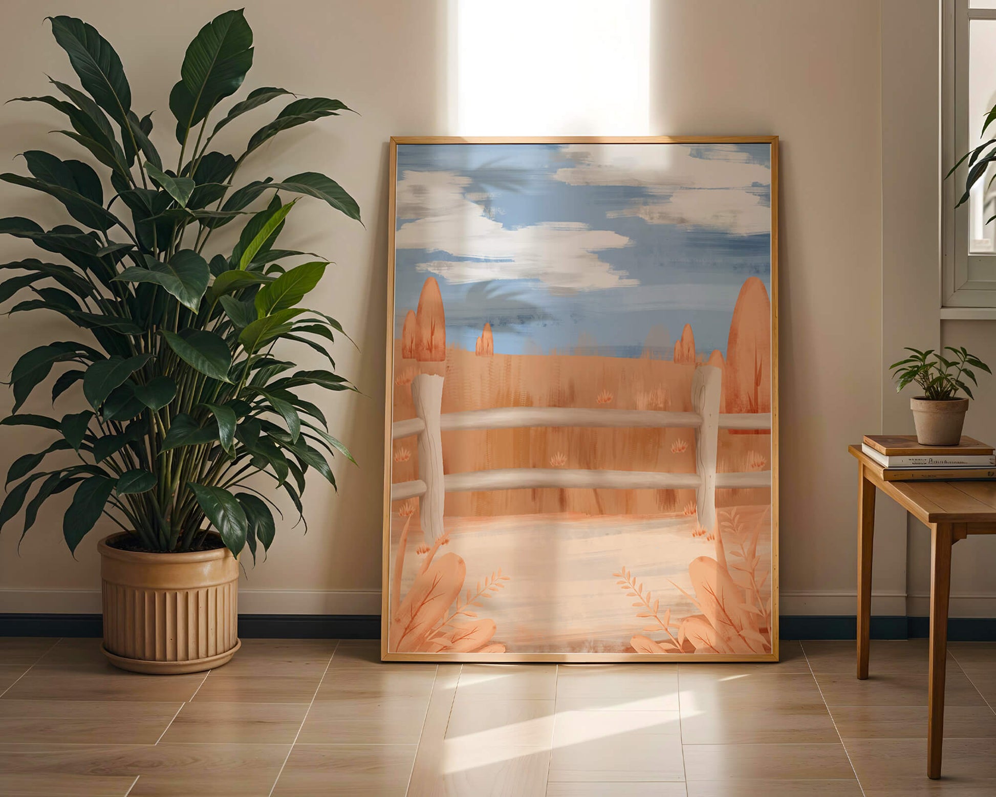 Paisaje otoñal sereno con cerca de madera y cielo azul