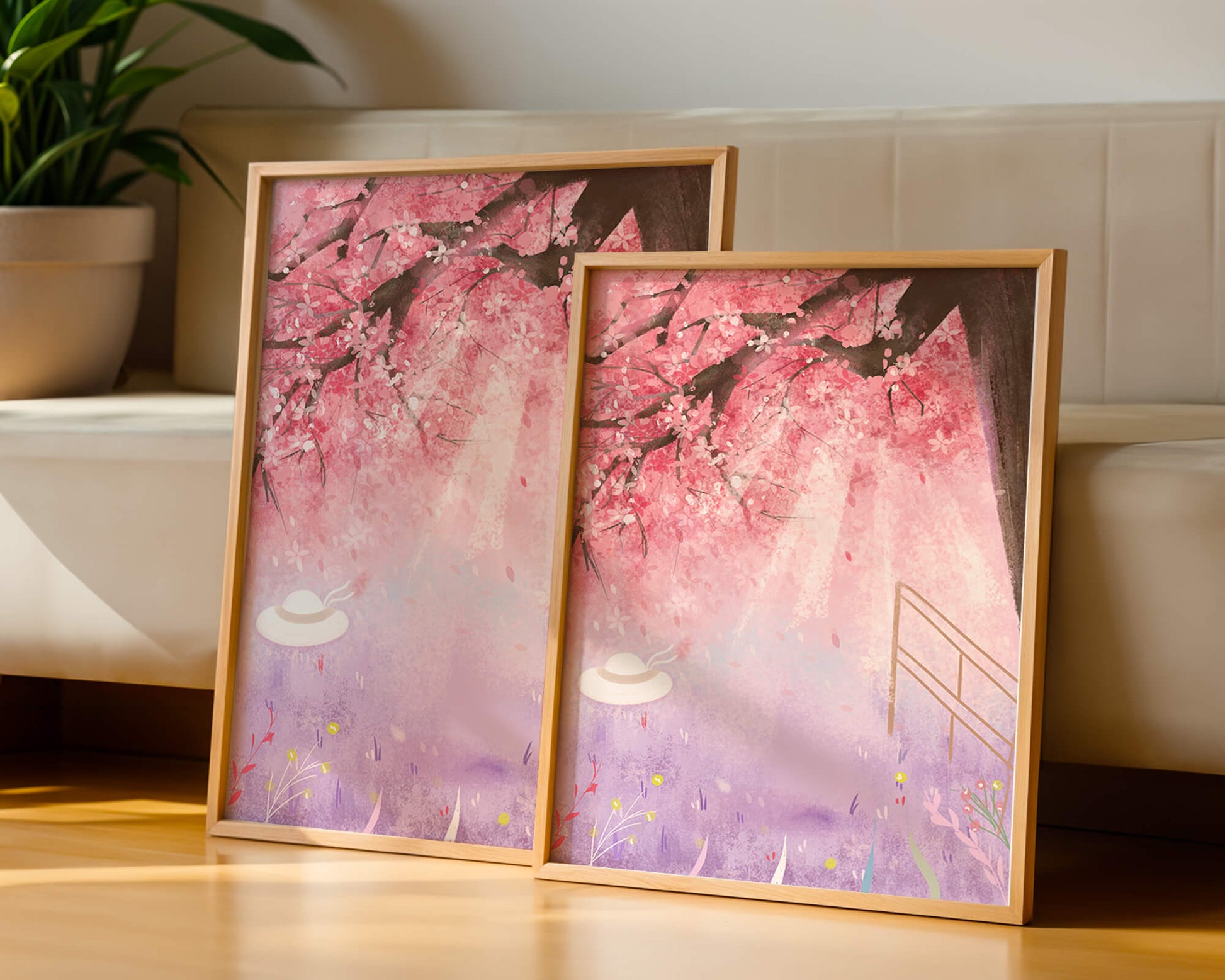 Cherry Blossom Garden with Spring Flowers and Sunlight