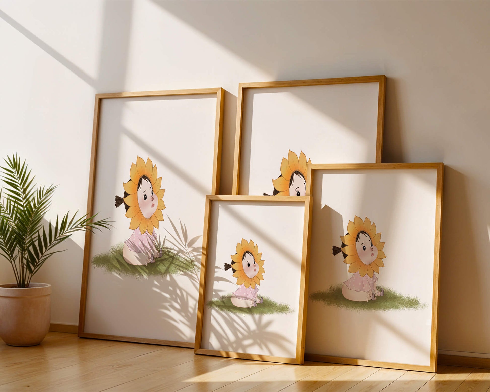 Adorable child with sunflower costume sitting on a grassy patch
