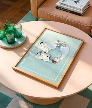 Cute Cat with Flowers, Cup, and Vase on Blue Background - Mi tienda