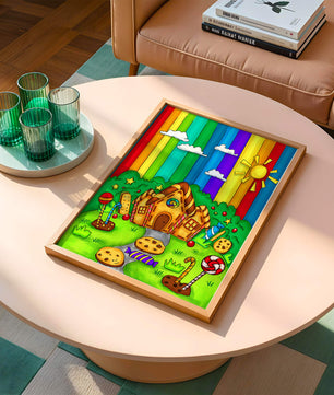 Whimsical candy house in a vibrant rainbow landscape