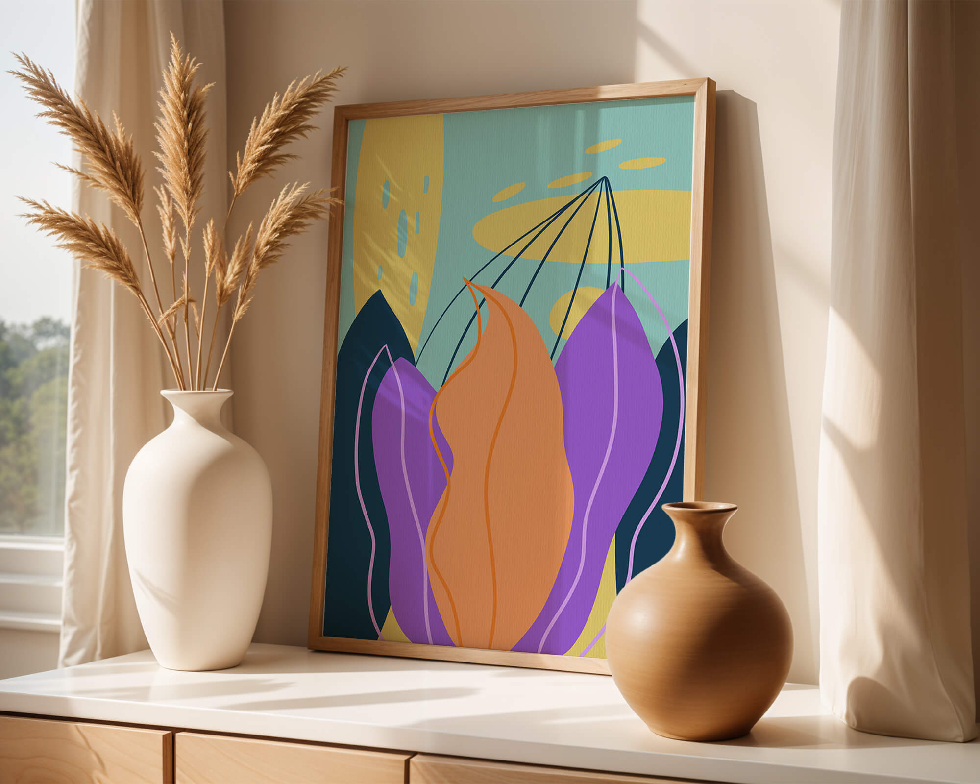 Abstract floral illustration with vibrant colors and geometric shapes