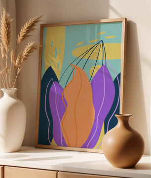 Abstract floral illustration with vibrant colors and geometric shapes
