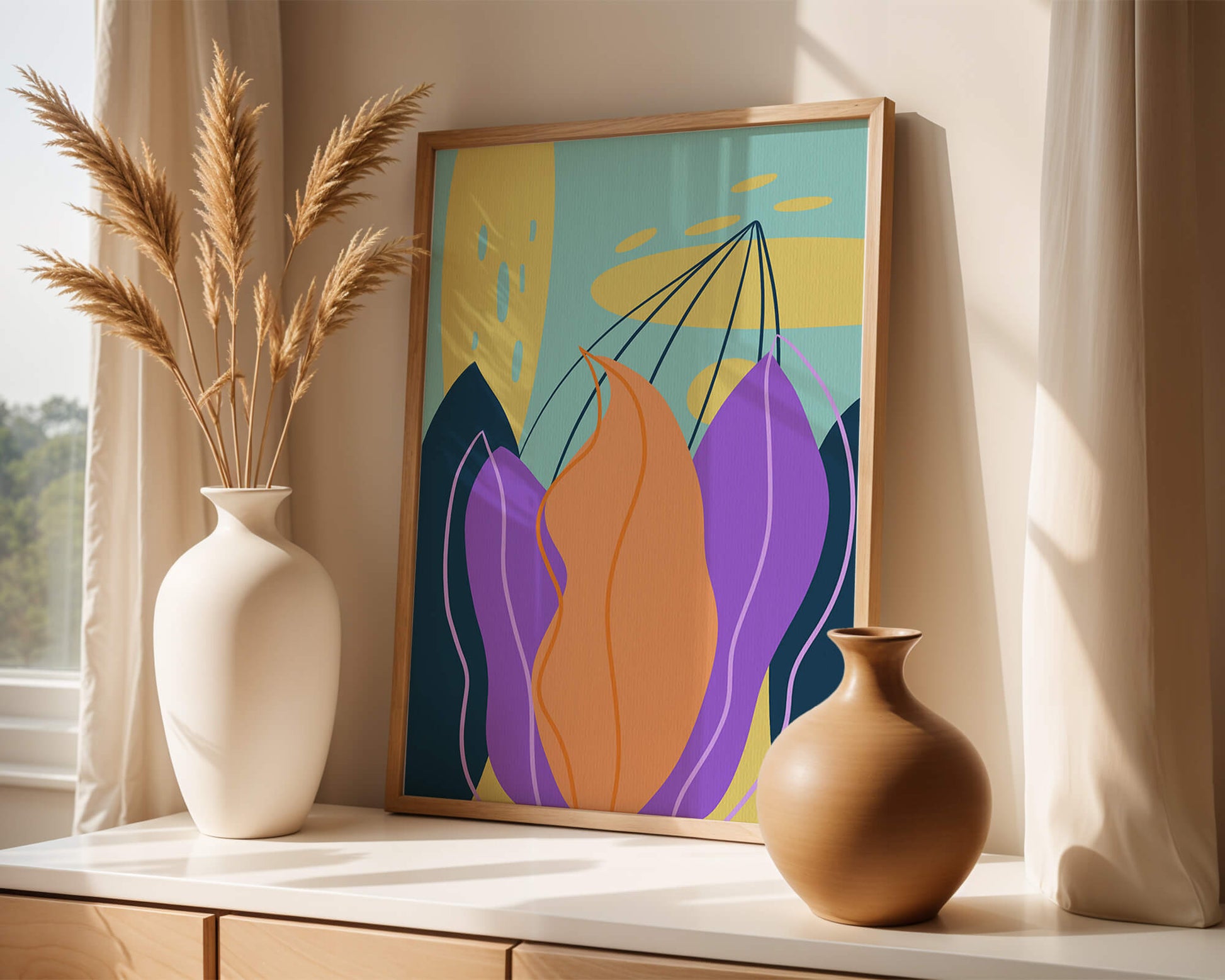Abstract floral illustration with vibrant colors and geometric shapes