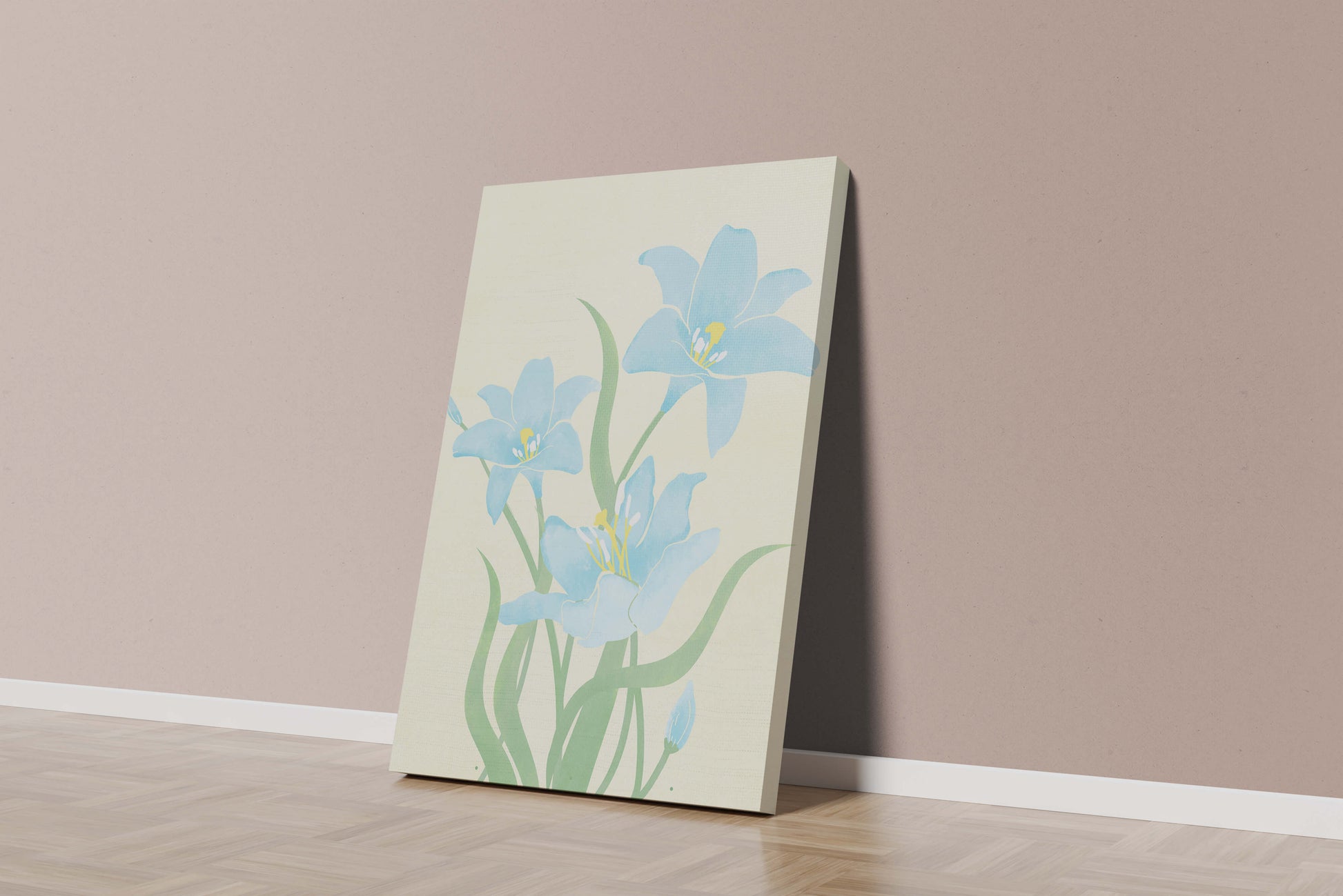 Ilustración elegante de flores azul claro con tallos verdes