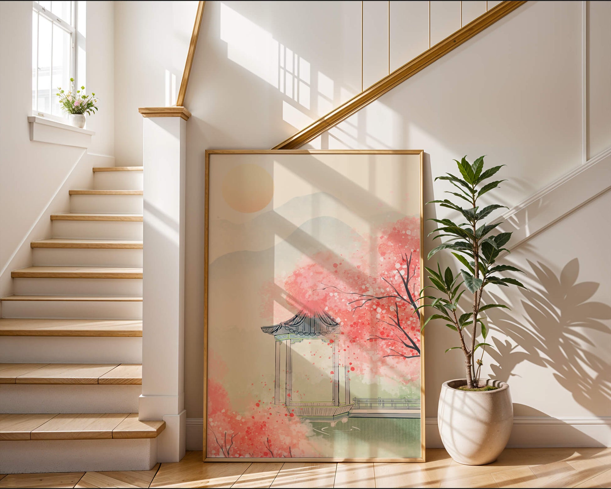 Serene landscape with cherry blossoms and traditional gazebo