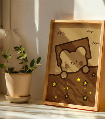Adorable bear peeking out from a blanket with stars illustration