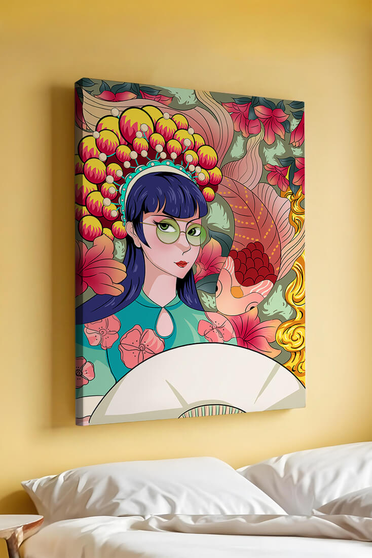 Colorful illustration of a woman with floral headdress and fish background