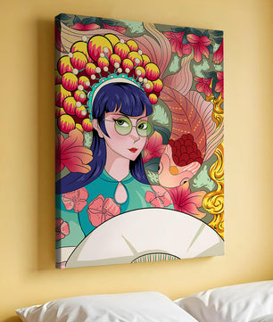 Illustration colorée d’une femme avec une coiffe florale et un fond de poissons