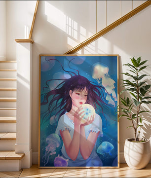 Enchanted underwater scene with girl and glowing jellyfish
