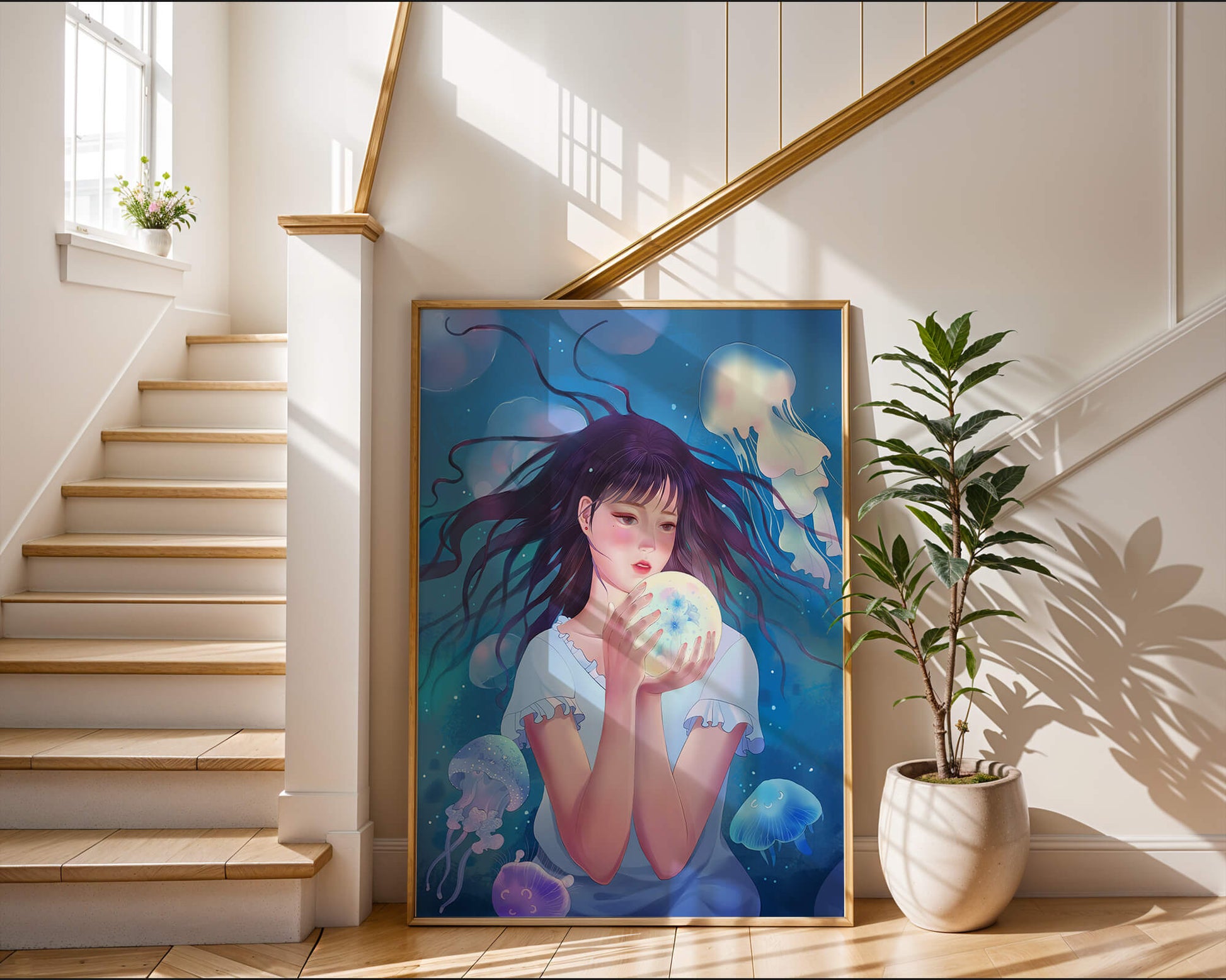 Enchanted underwater scene with girl and glowing jellyfish