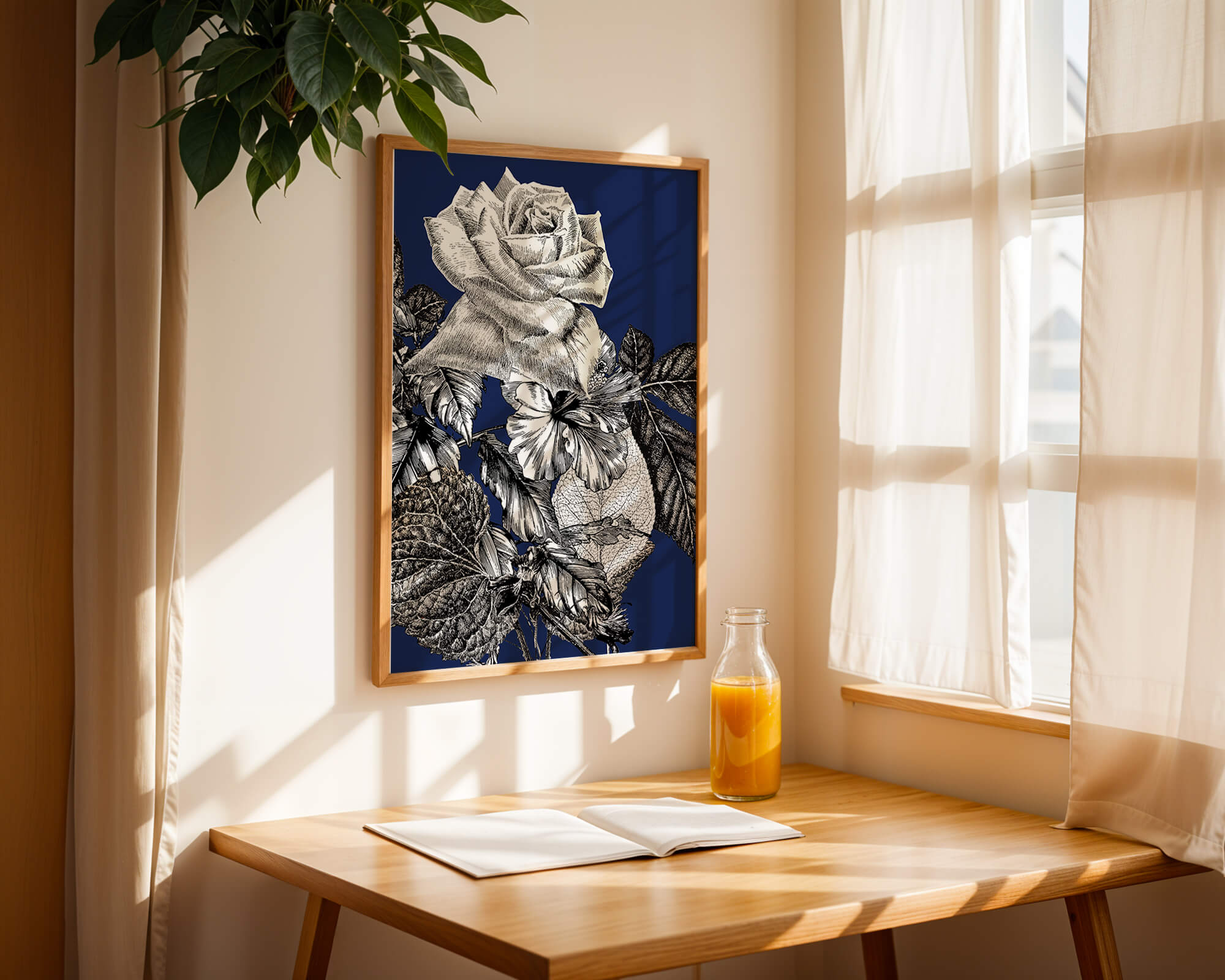 Intricate botanical illustration of roses and foliage on a deep blue background