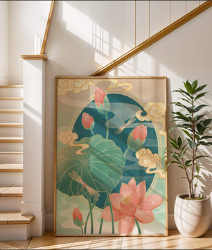 Ruhiges orientalisches Lotus-Design mit Libellen und Wolken