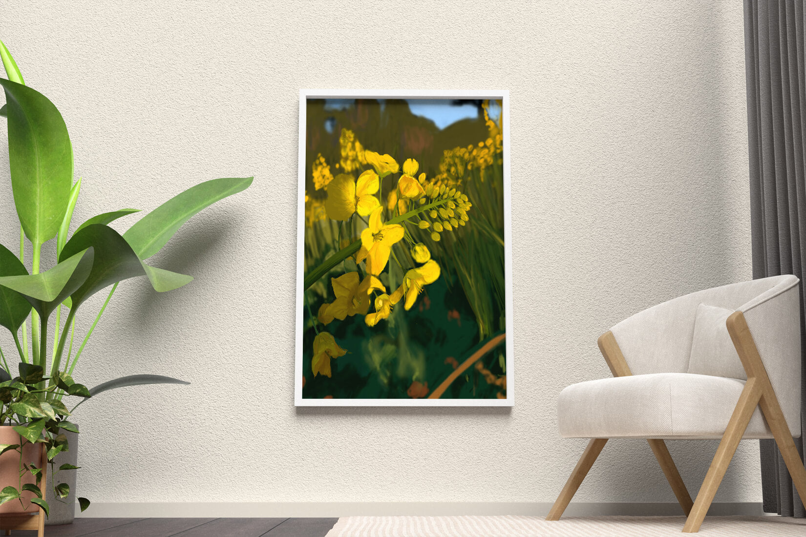 Close-up view of vibrant yellow flowers in a lush green field