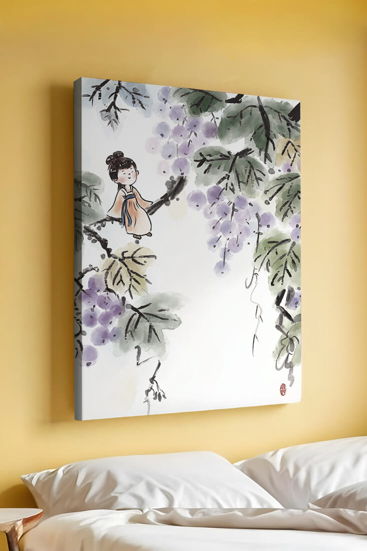 Una chica caprichosa sentada en una rama con bayas moradas y hojas verdes en estilo acuarela