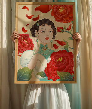 Mujer elegante rodeada de vibrantes flores y pétalos rojos