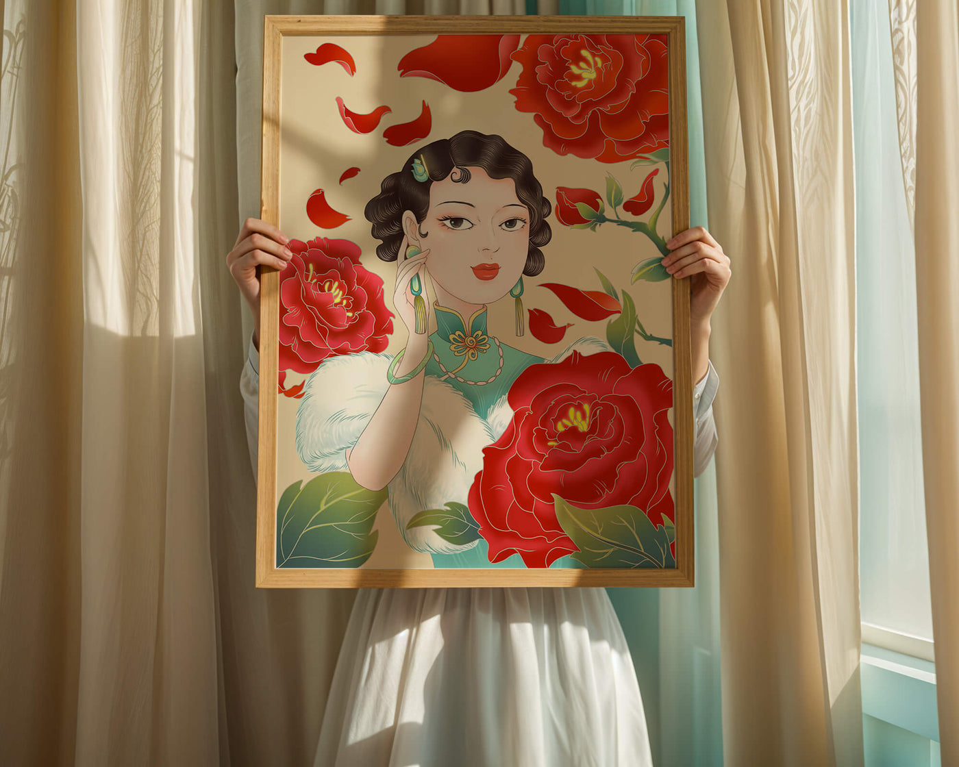 Elegant woman surrounded by vibrant red flowers and petals