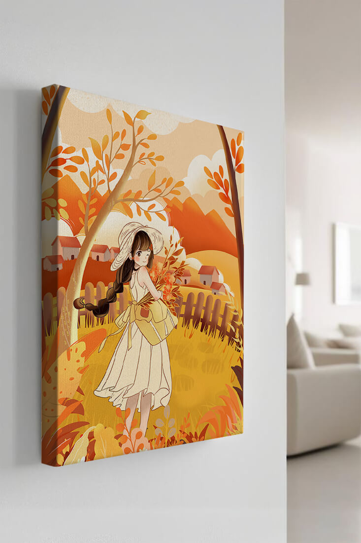 Illustration of a Girl in a Yellow Dress in Autumn Scenery